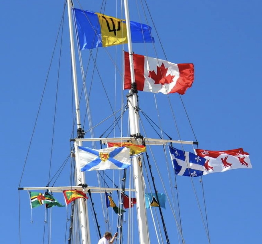 Flags of Barbados and the Eastern Caribbean flying from the masts and yards of a schooner against a clear blue sky